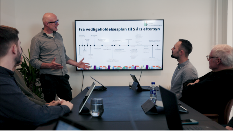 Teamet presenterar planeringsprocessen på en skärm under ett möte om effektiv drift, schemaläggning och tidrapportering i företaget.